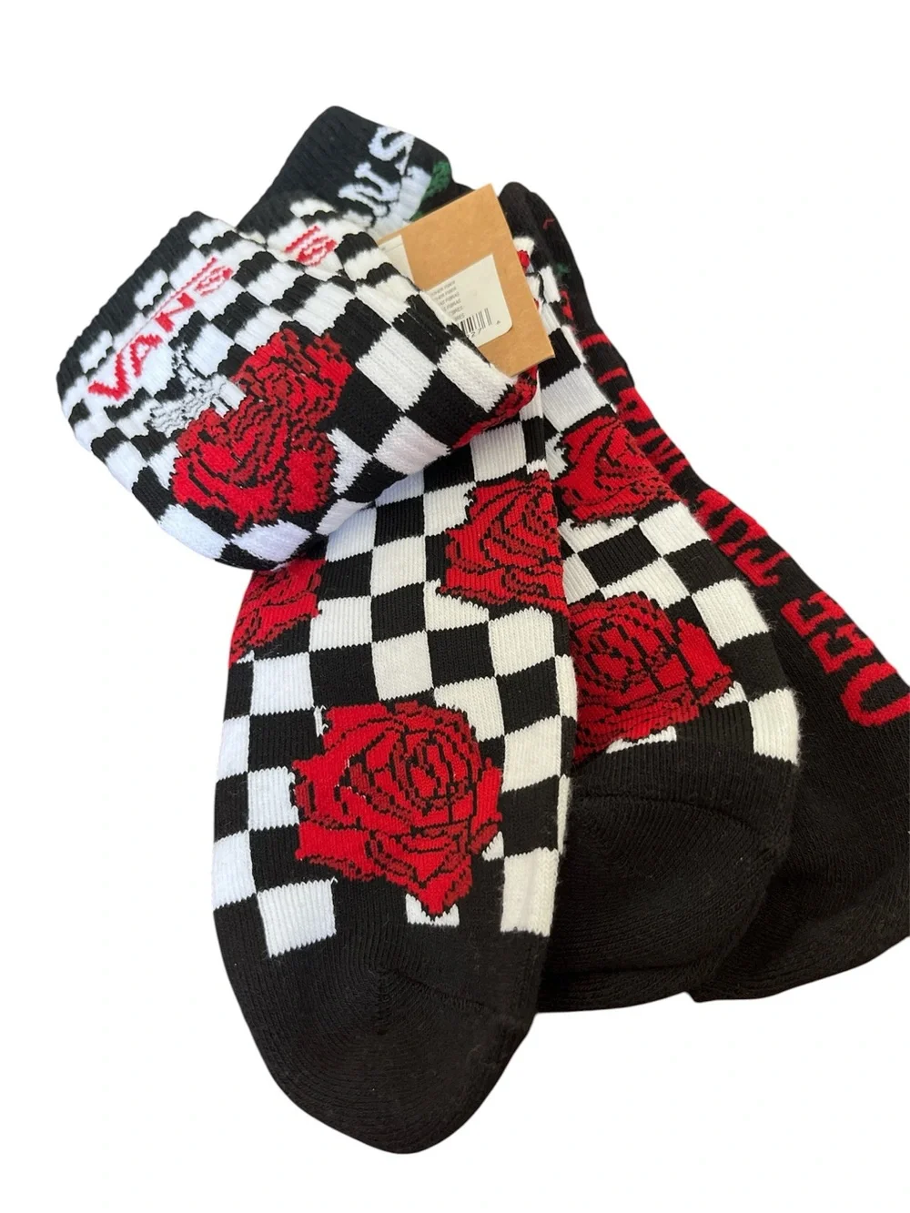 Vans Black Crew Socks with Red Rose & Checkerboard - 2 Pack